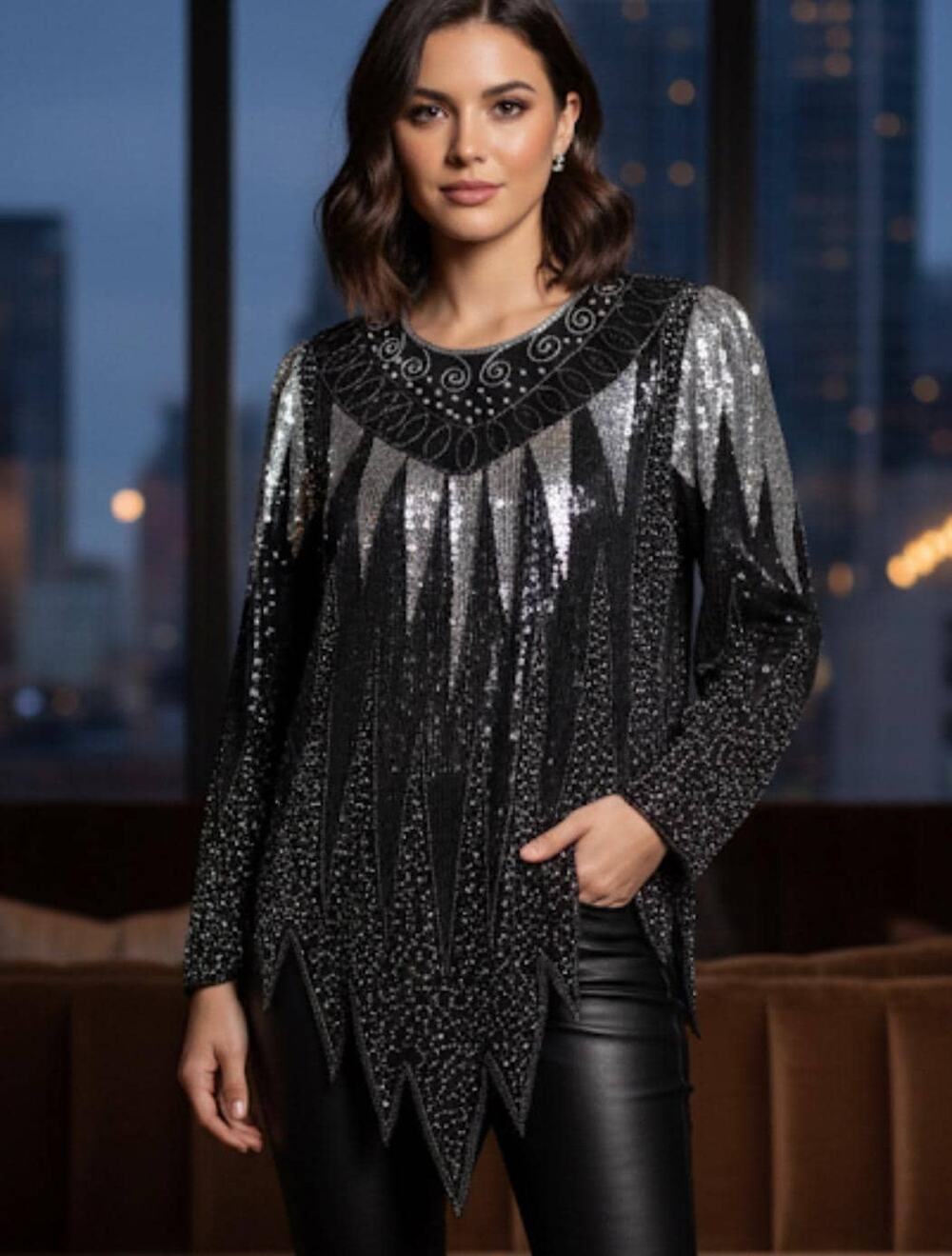 100% Silk Vintage 1980s Heavily Sequined and Beaded Blouse with Pointed Hem